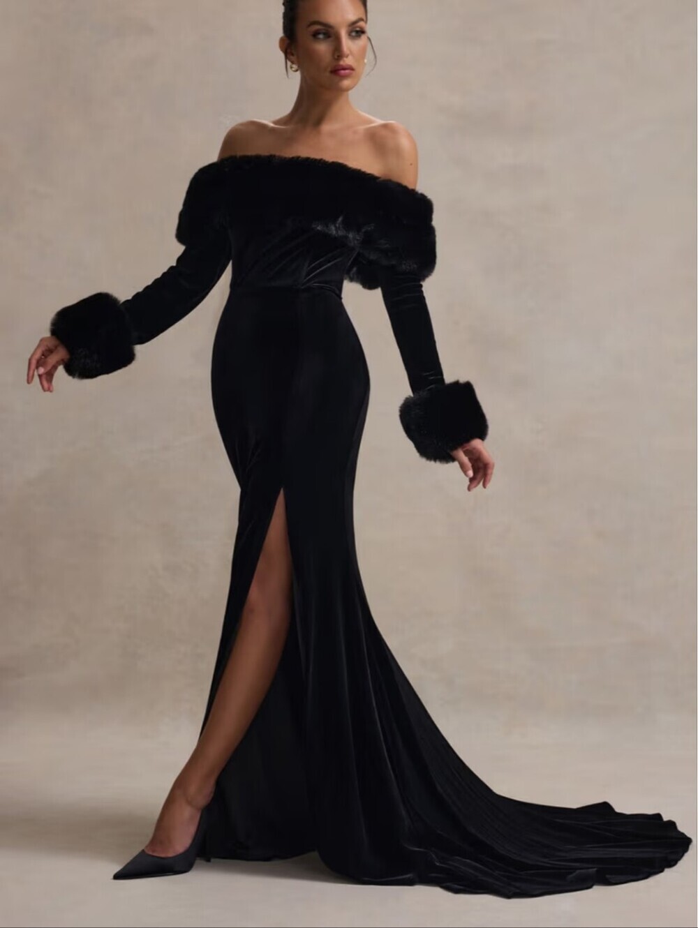 Club L London Black Velvet Faux Fur Trim Off-The-Shoulder Slit Bardot Gown 6